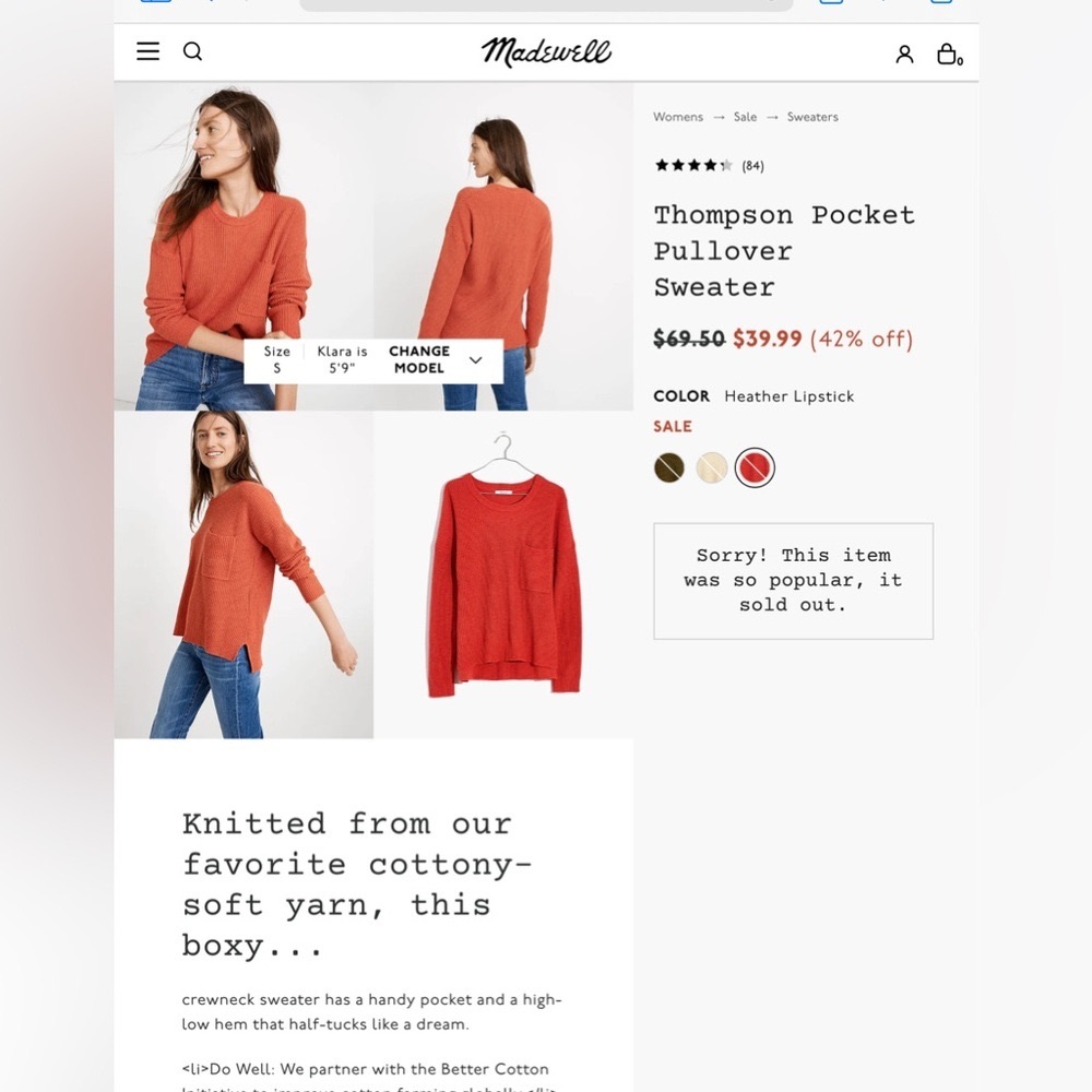 Madewell Thompson Pocket Pullover Sweater, size S